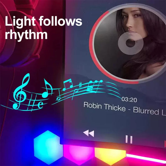 Music player interface with a song by Robin Thicke and abstract light design.