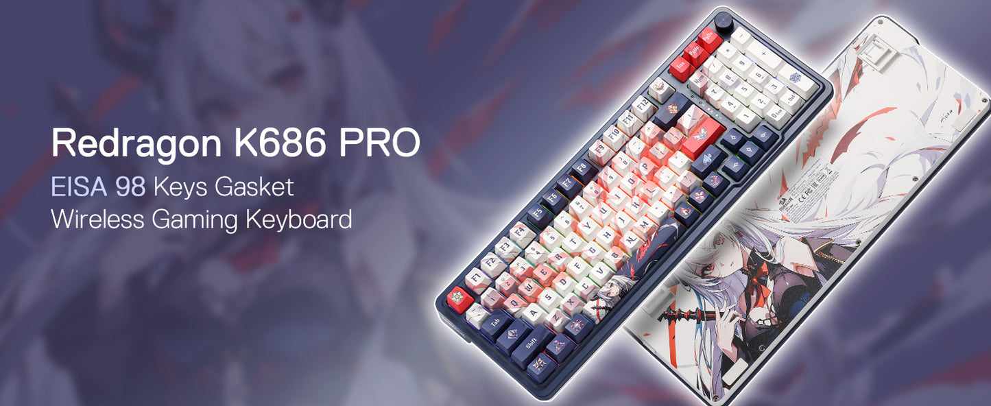 Redragon K686 PRO SE 98 Keys Wireless Gasket RGB Gaming Keyboard, 3-Mode Anime Mechanical Keyboard w/Hot-Swap Socket