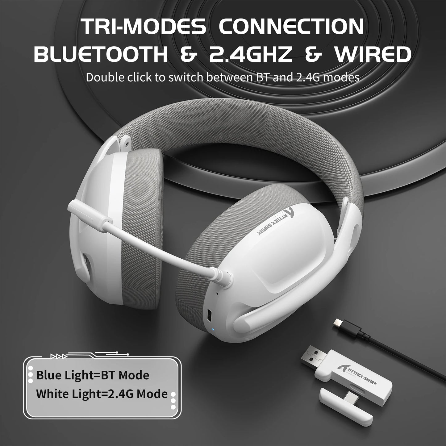 Headphones with Bluetooth, 2.4GHz, and wired connection modes on a dark background.