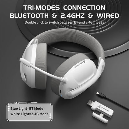 Headphones with Bluetooth, 2.4GHz, and wired connection modes on a dark background.