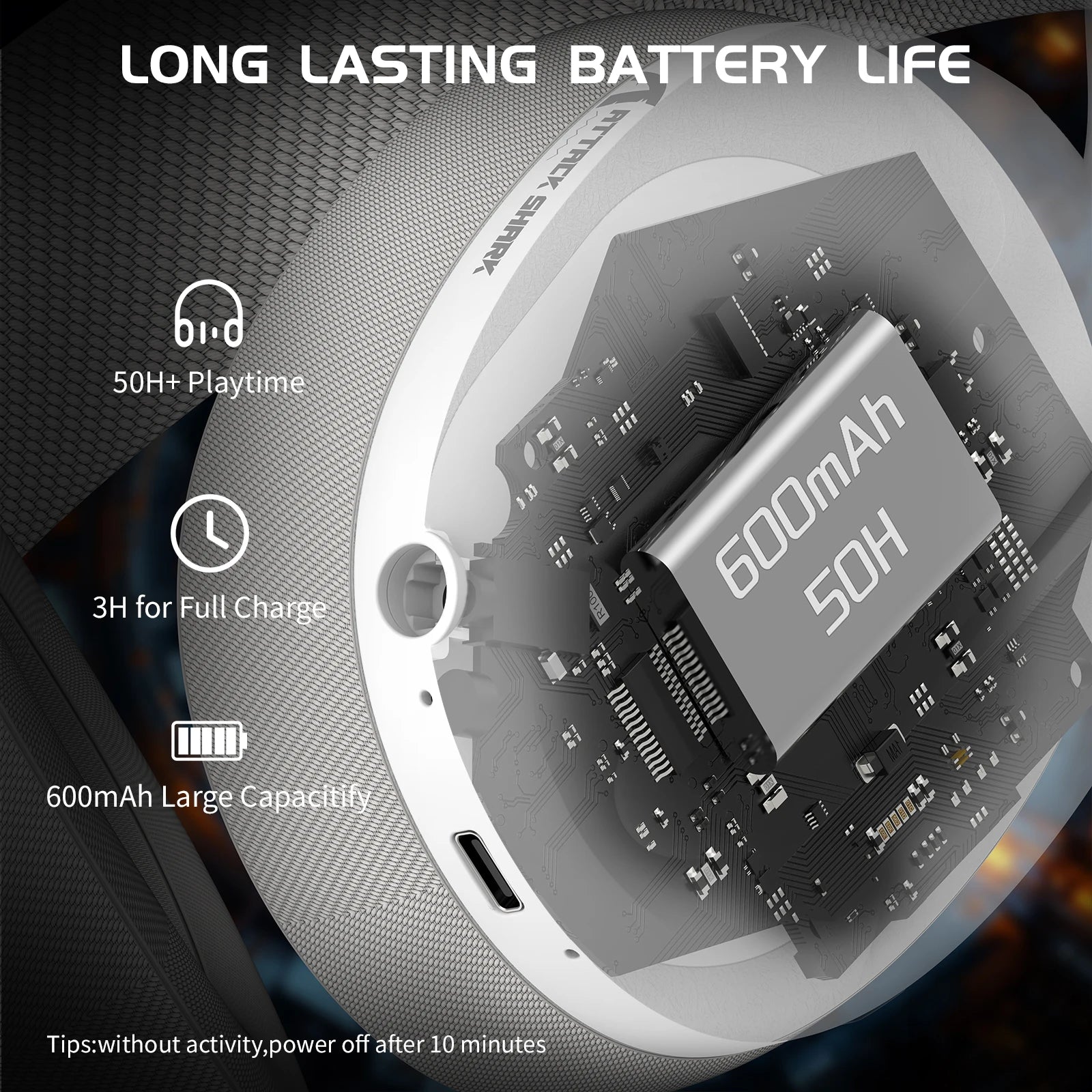 Close-up of a wireless earbud with battery details on a dark background