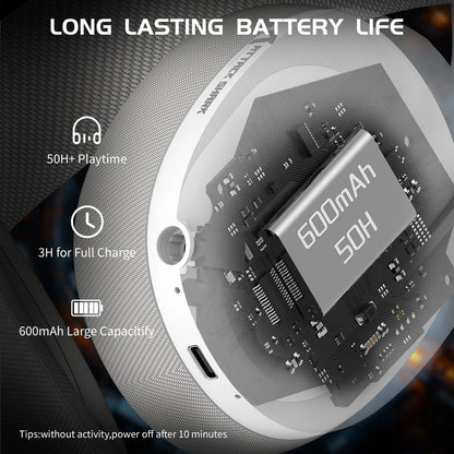 Close-up of a wireless earbud with battery details on a dark background