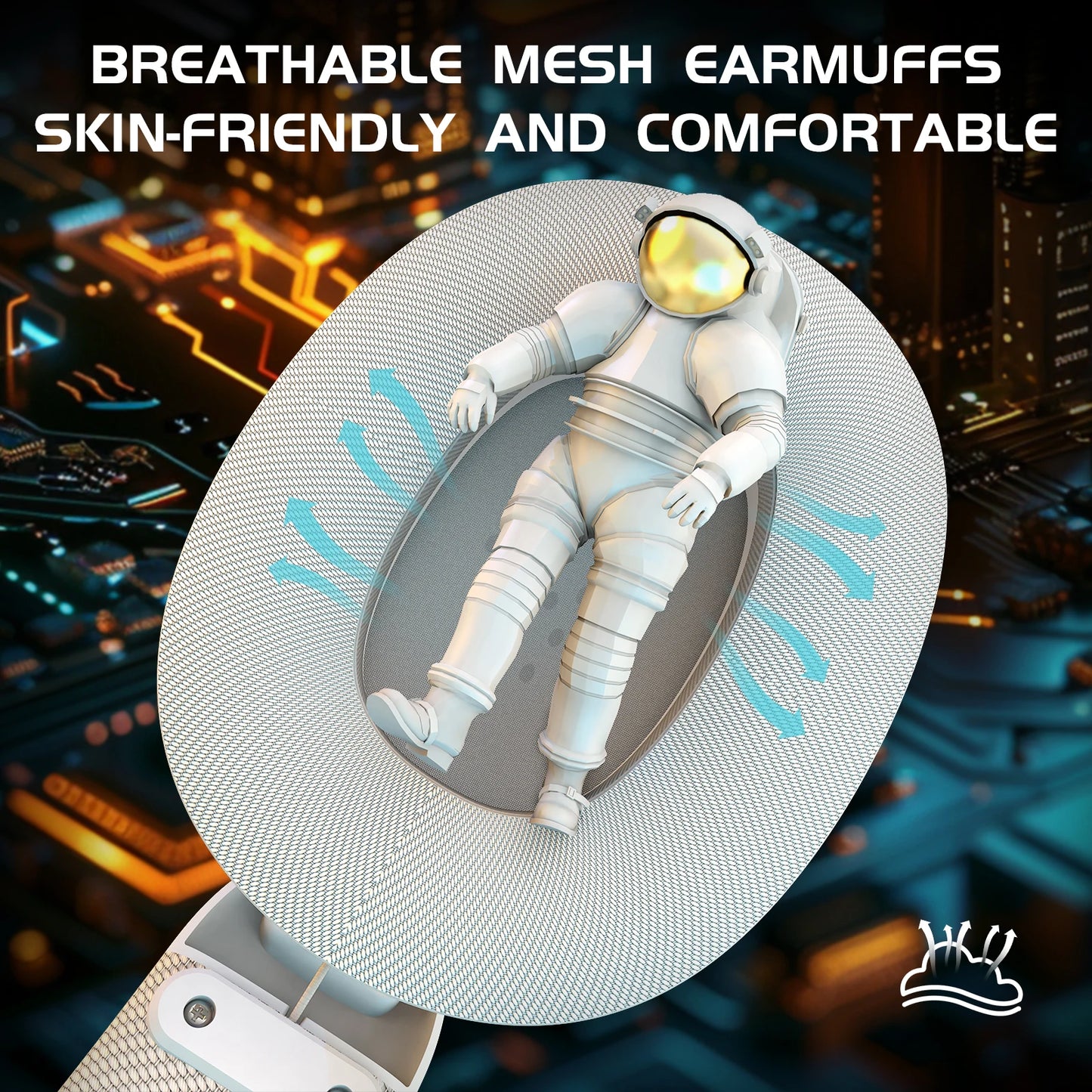 Breathable mesh earmuffs with an astronaut design on a cityscape background