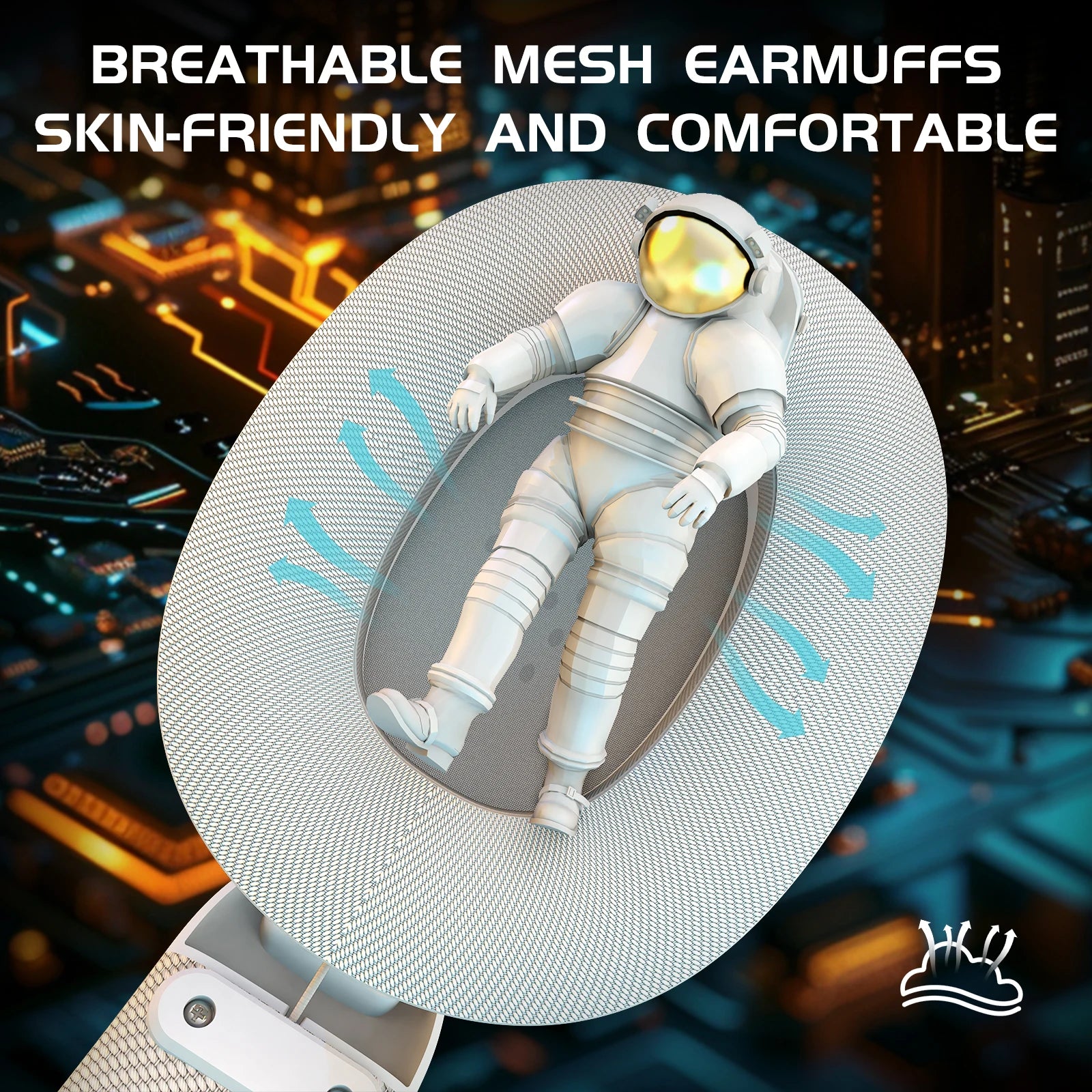 Breathable mesh earmuffs with an astronaut design on a cityscape background
