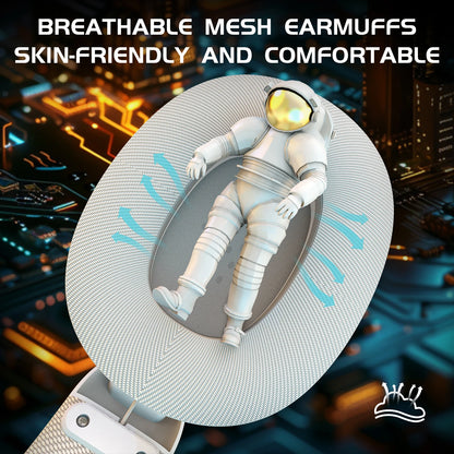 Breathable mesh earmuffs with an astronaut design on a cityscape background