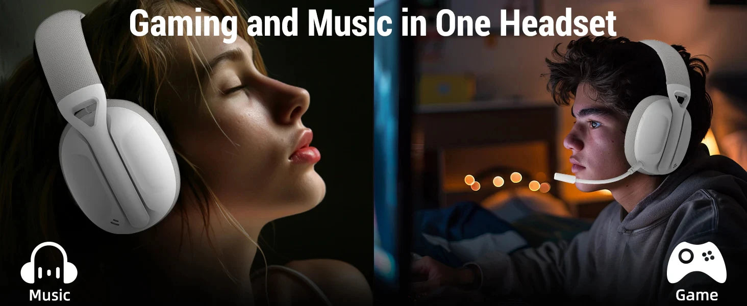 Two people wearing gaming headsets with text 'Gaming and Music in One Headset' and icons for music and game.
