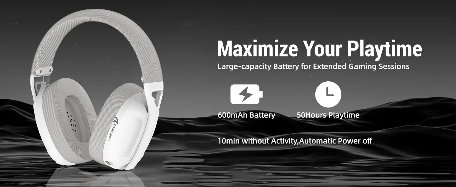 White headphones with gaming features text on a dark background