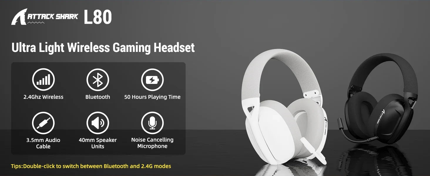 Ultra light wireless gaming headset with features on a dark background