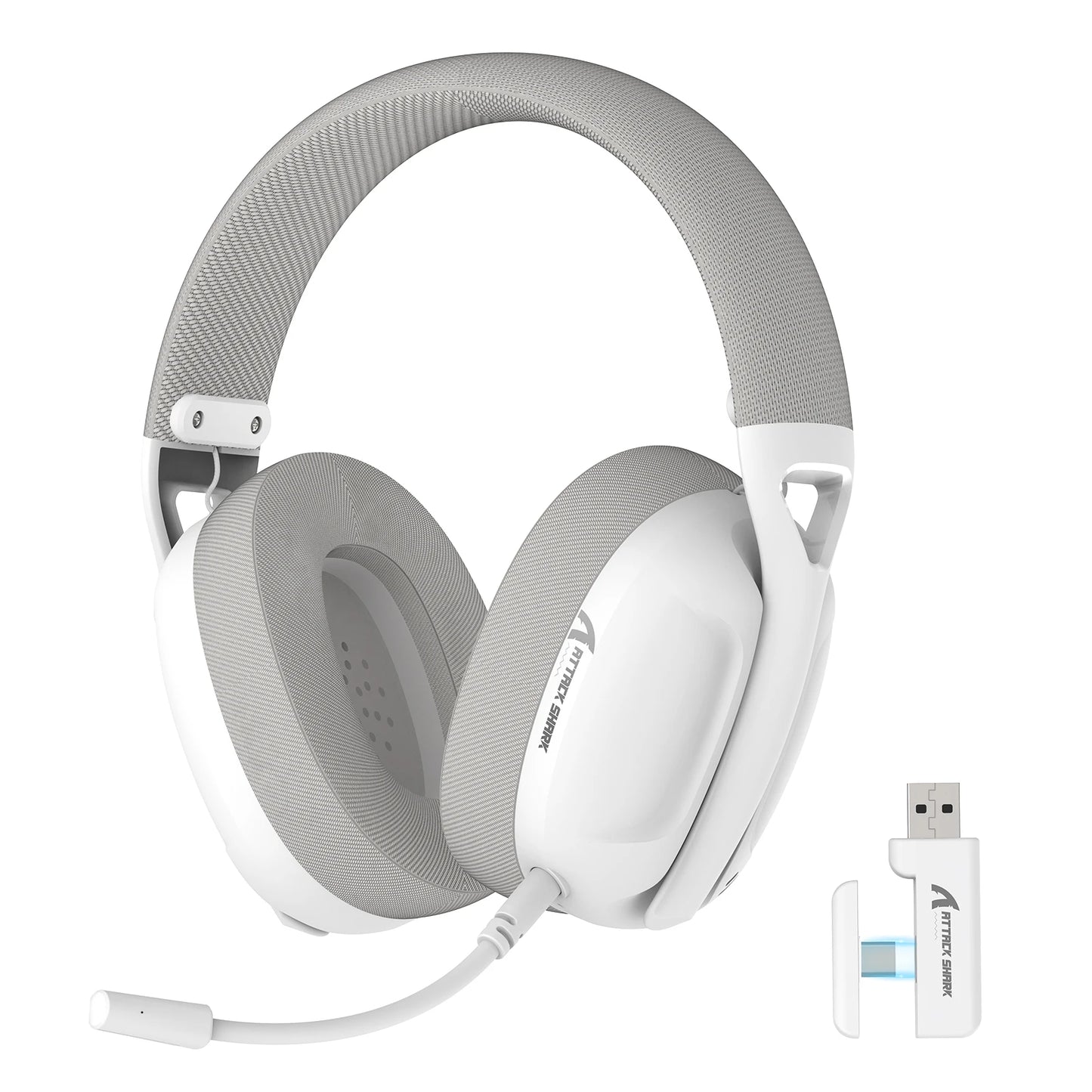 White gaming headset with USB adapter on a white background