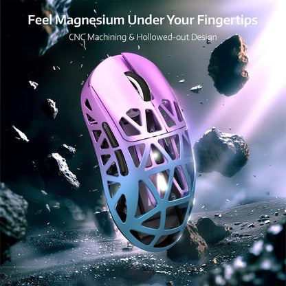 CNC machined metallic object with 'Feel Magnesium Under Your Fingertips' text on a space-themed background.