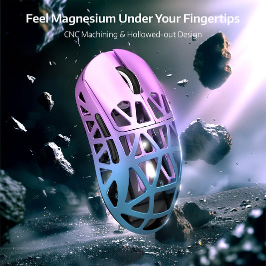 CNC machined metallic object with 'Feel Magnesium Under Your Fingertips' text on a space-themed background.