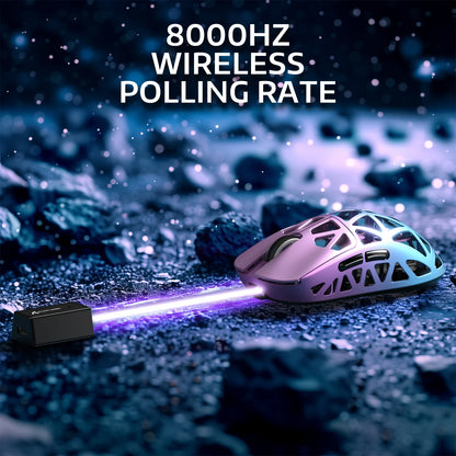 Wireless mouse with glowing laser pointer on a dark, rocky surface with text '8000Hz Wireless Polling Rate'.