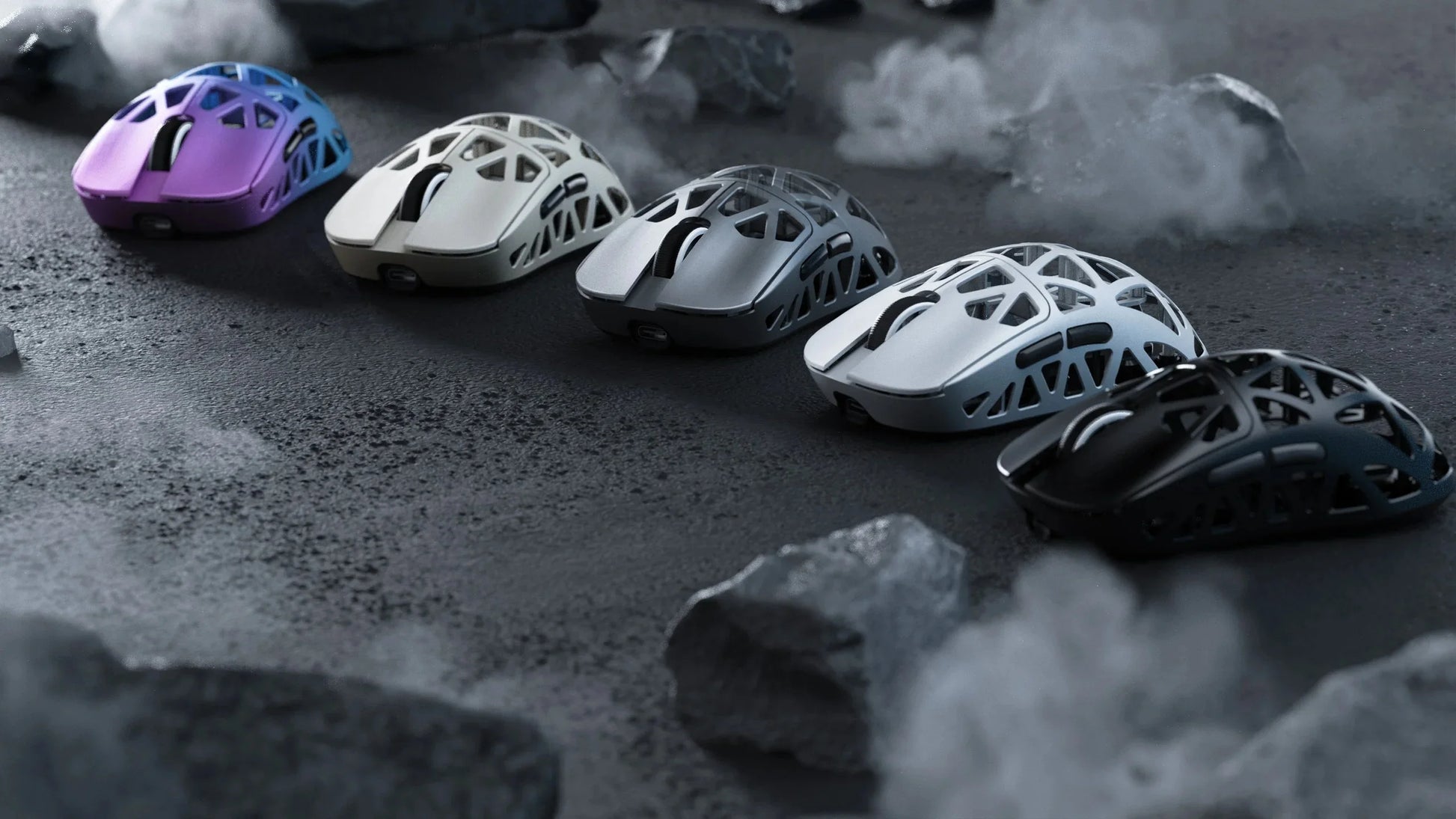 Colorful futuristic helmet designs on a dark, textured surface