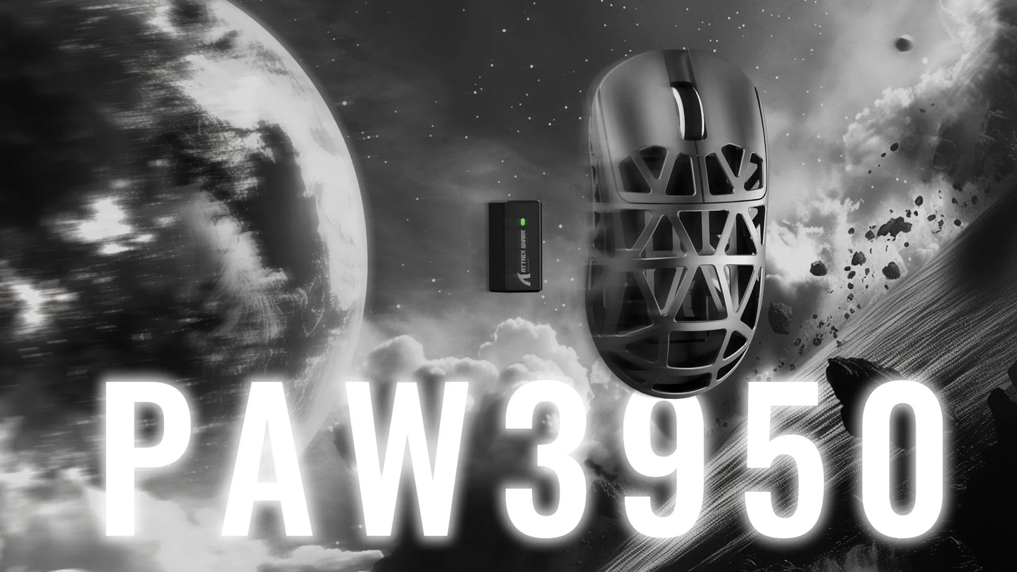 Gaming mouse with 'PAW3950' branding against a space-themed background