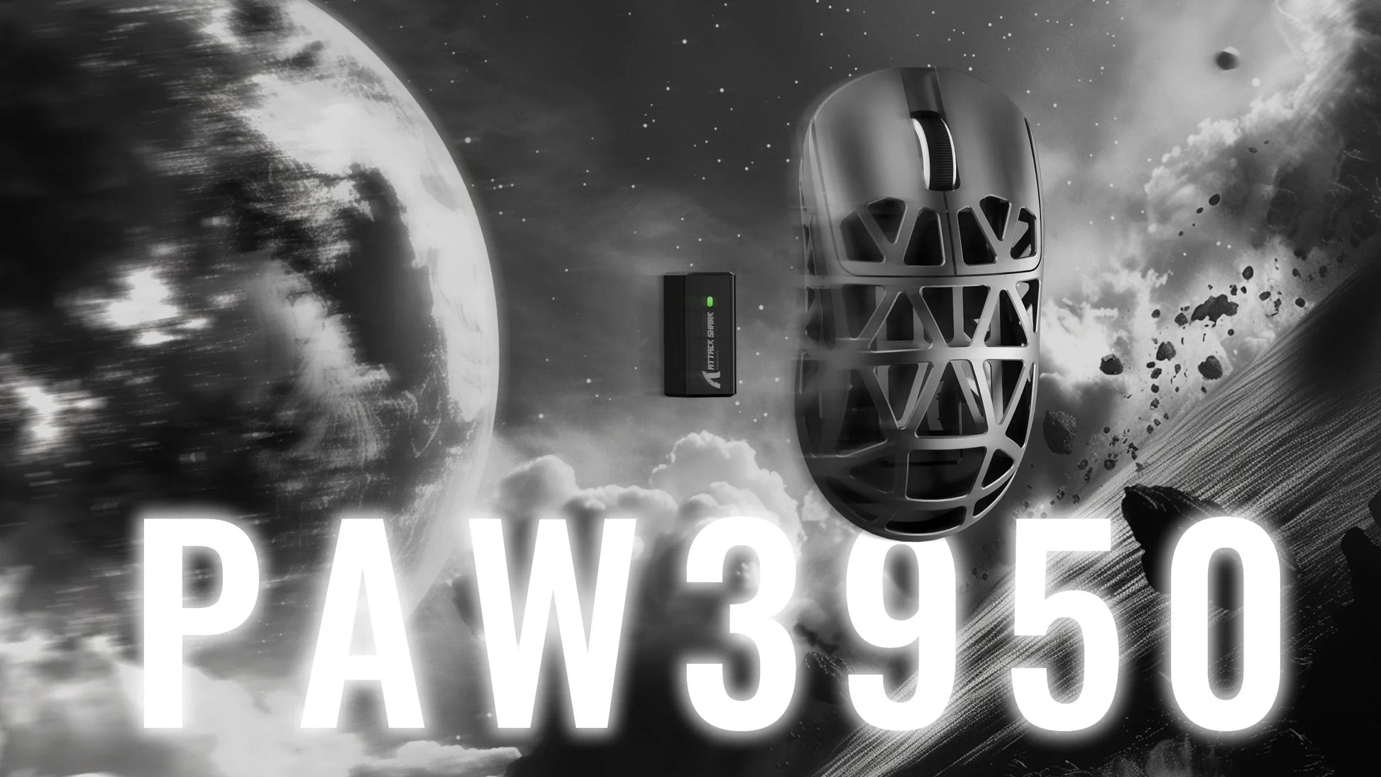 Gaming mouse with 'PAW3950' branding against a space-themed background