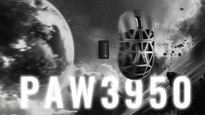 Gaming mouse with 'PAW3950' branding against a space-themed background