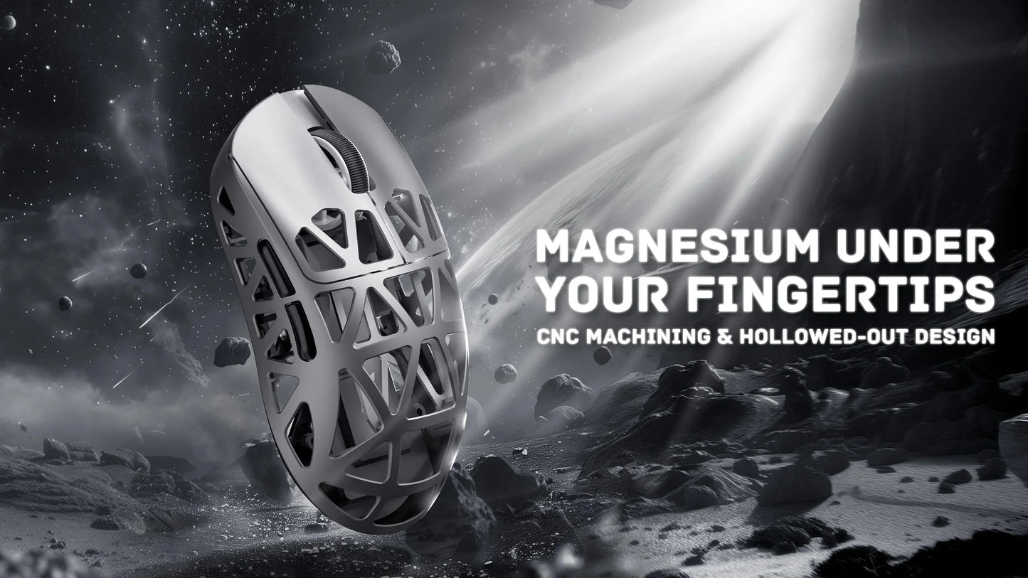 Metallic object on a space-themed background with text about magnesium and CNC machining.