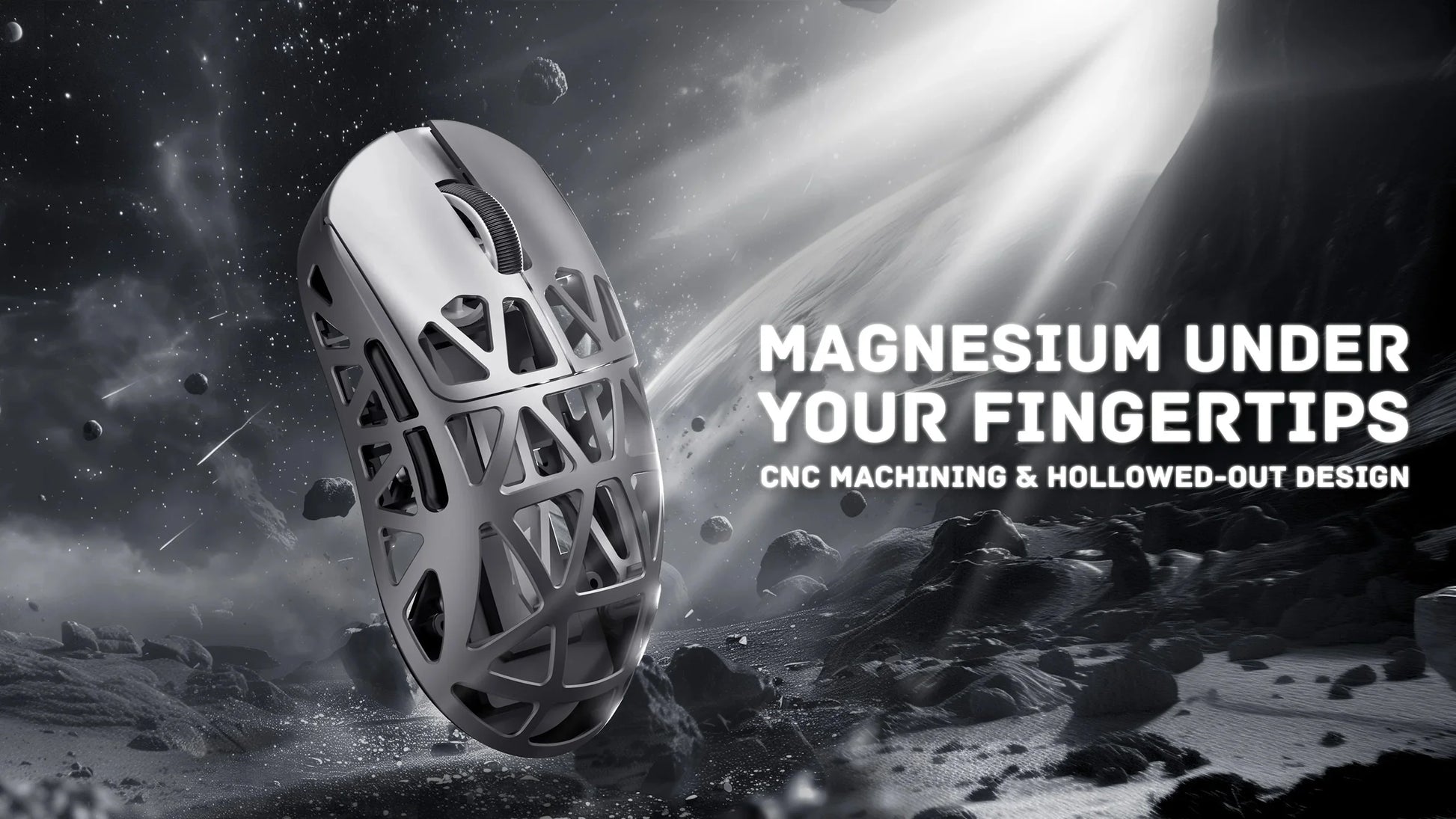 Metallic object on a space-themed background with text about magnesium and CNC machining.