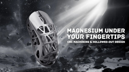 Metallic object on a space-themed background with text about magnesium and CNC machining.