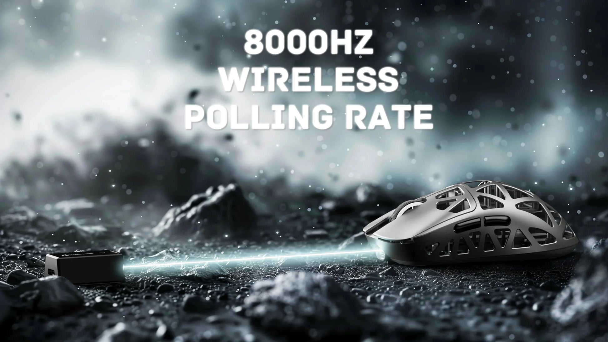 Wireless gaming mouse with text '8000Hz wireless polling rate' on a dark, rocky background.