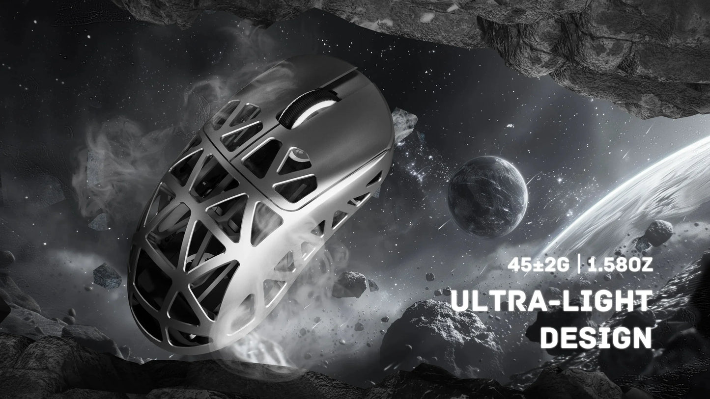 Metallic object on a space-themed background with text 'Ultra-Light Design' and weight information.