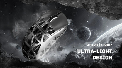 Metallic object on a space-themed background with text 'Ultra-Light Design' and weight information.
