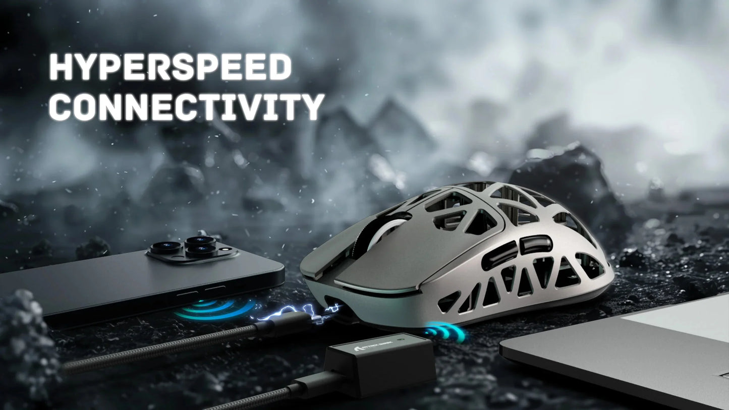 Gaming mouse with 'Hyperspeed Connectivity' text on a dark, textured background
