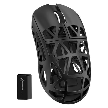 Black geometric design mouse with a separate black battery pack on a white background