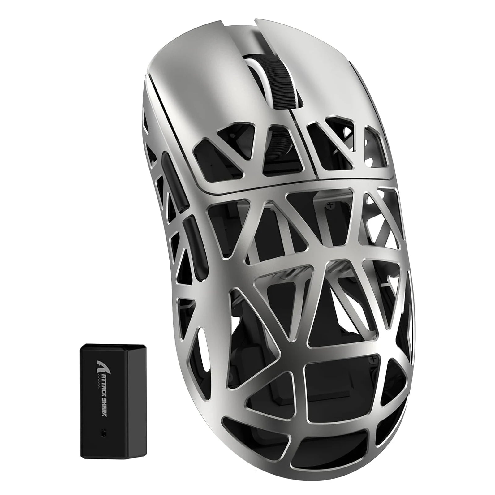 Silver gaming mouse with a black receiver on a white background