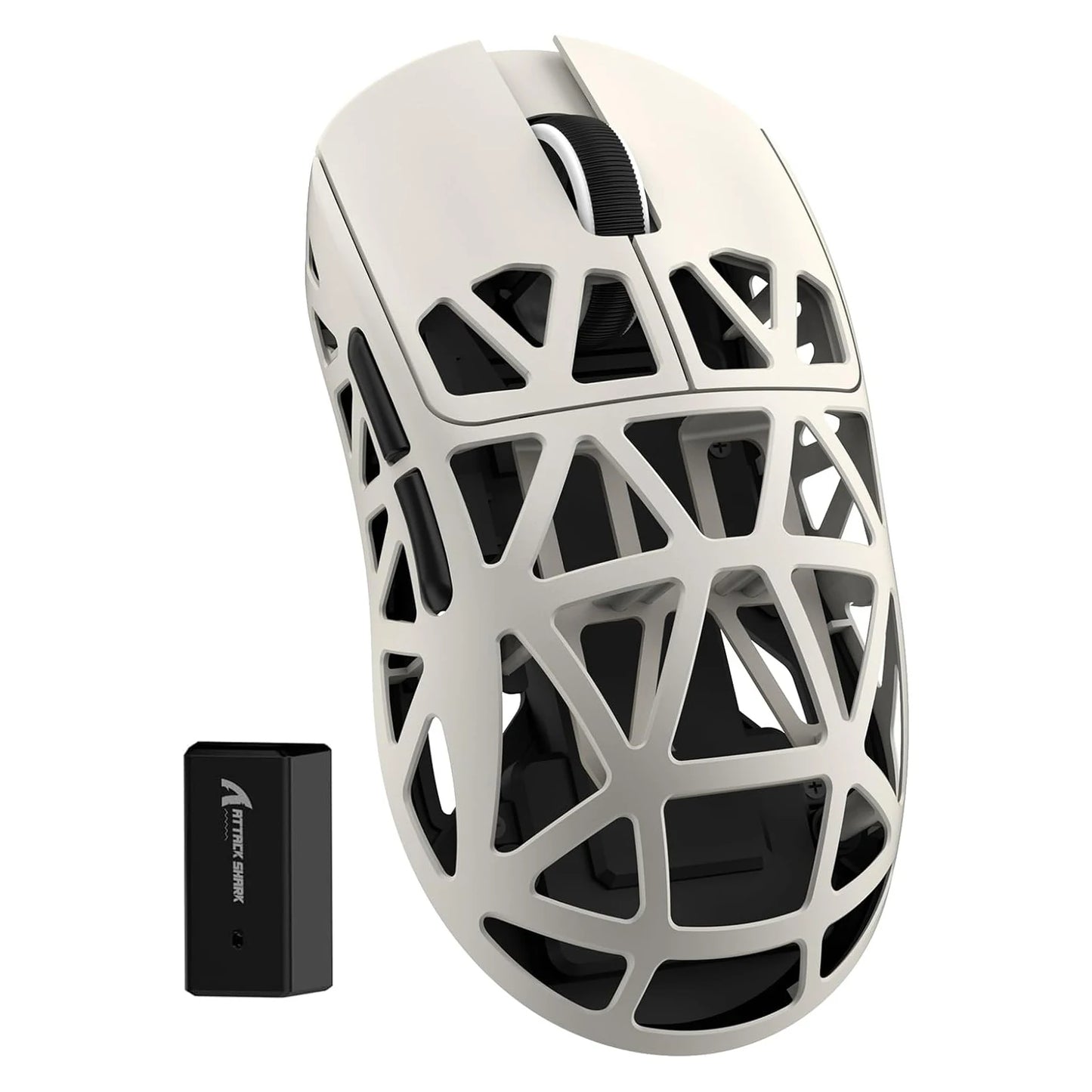 White gaming mouse with black accents and a wireless receiver on a white background