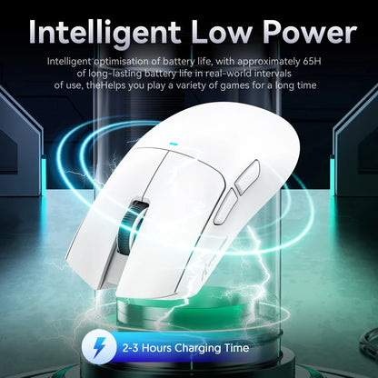 White gaming mouse with charging base on a dark background, highlighting intelligent low power features.