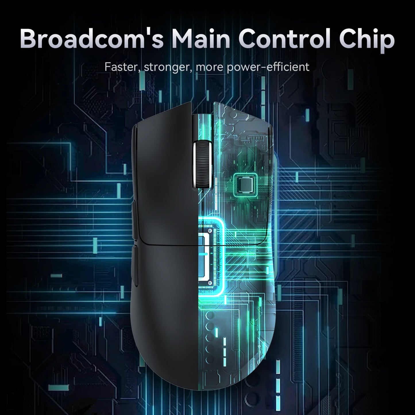 Computer mouse with Broadcom's Main Control Chip text on a digital background