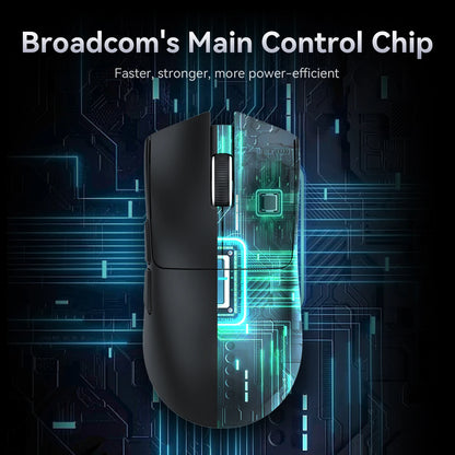Computer mouse with Broadcom's Main Control Chip text on a digital background
