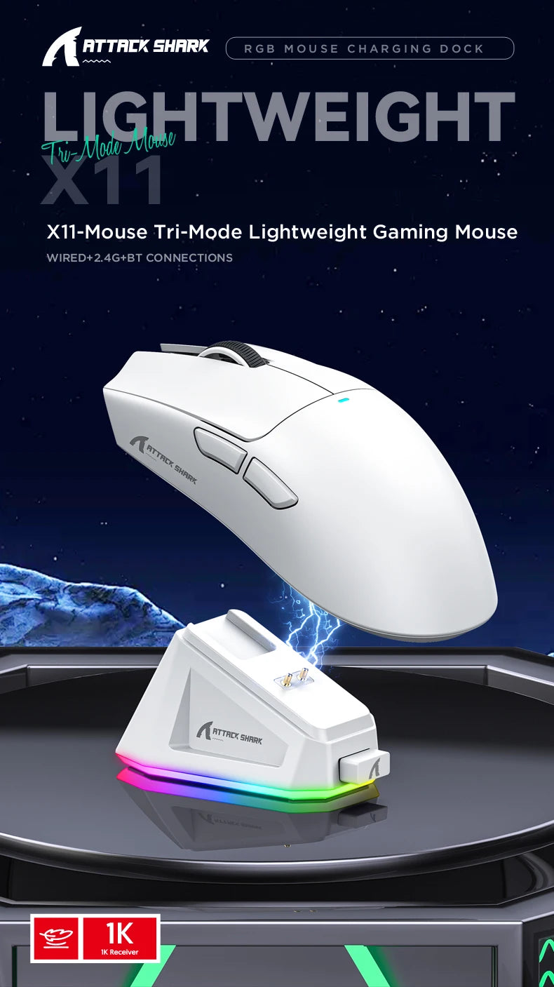 ATTACK SHARK X11 Gaming Mouse with Magnetic Charging Dock for Win11/Xbox/PS/Mac (White)