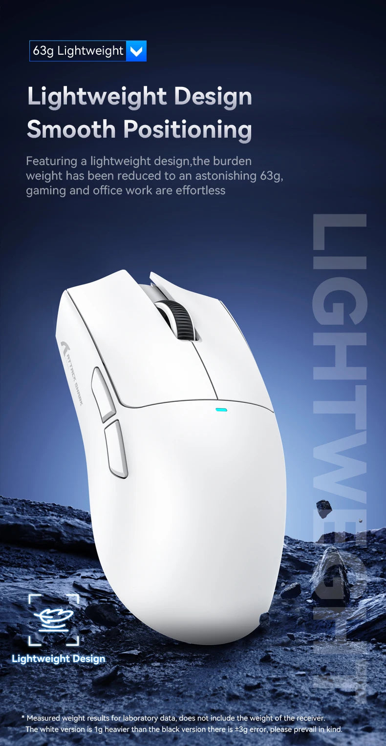 White gaming mouse on a rocky background with text highlighting its lightweight design.