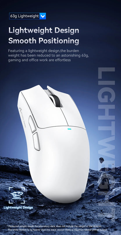 White gaming mouse on a rocky background with text highlighting its lightweight design.