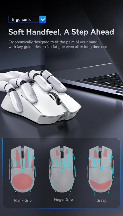 Ergonomic white gaming mouse with text on a dark background