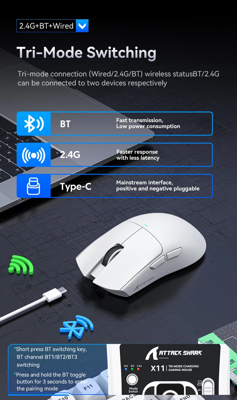ATTACK SHARK X11 Gaming Mouse with Magnetic Charging Dock for Win11/Xbox/PS/Mac (White)