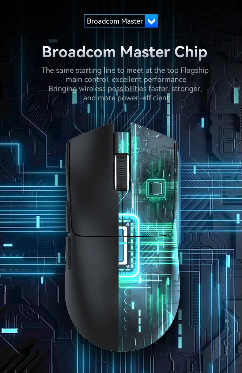 Computer mouse with Broadcom Master Chip text and circuit board design