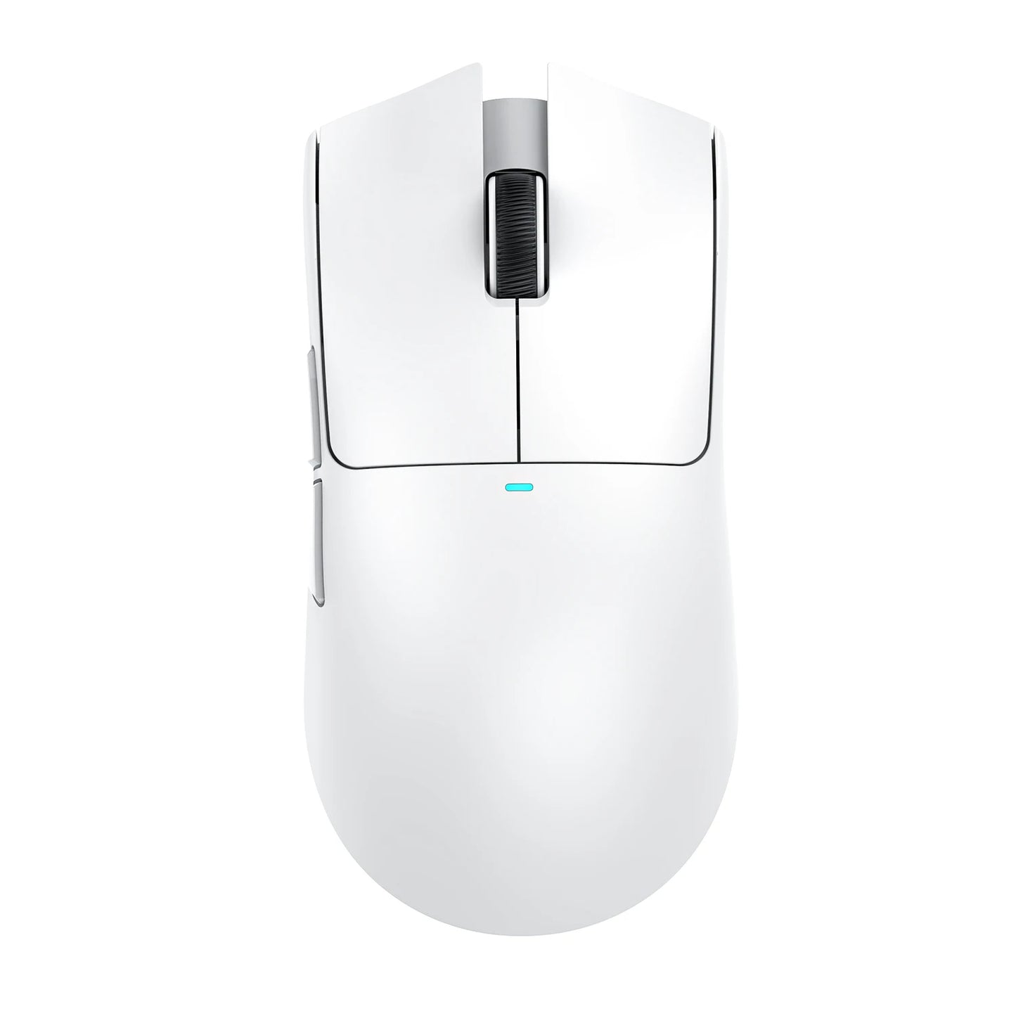 White computer mouse with a black scroll wheel on a white background