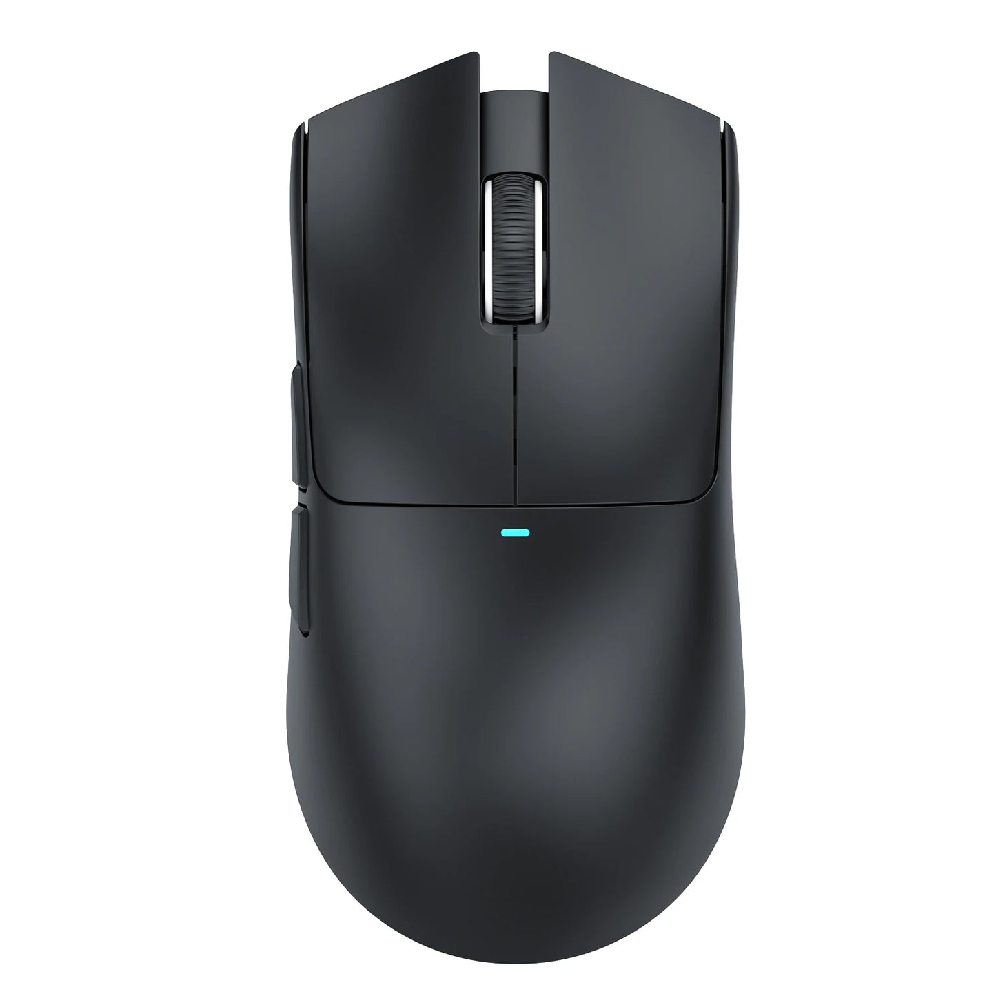 Black computer mouse with a visible LED light on a white background