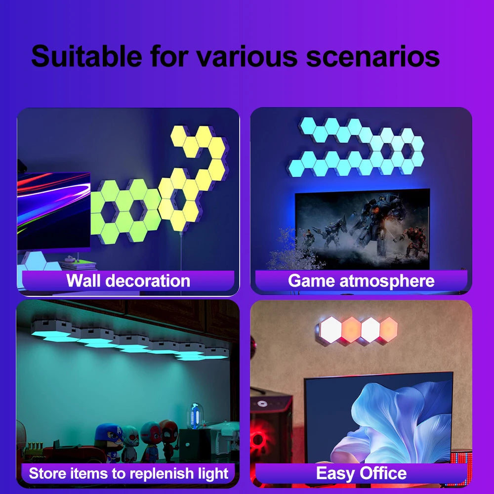 Hexagonal LED lights in various settings including wall decoration, game atmosphere, and office.