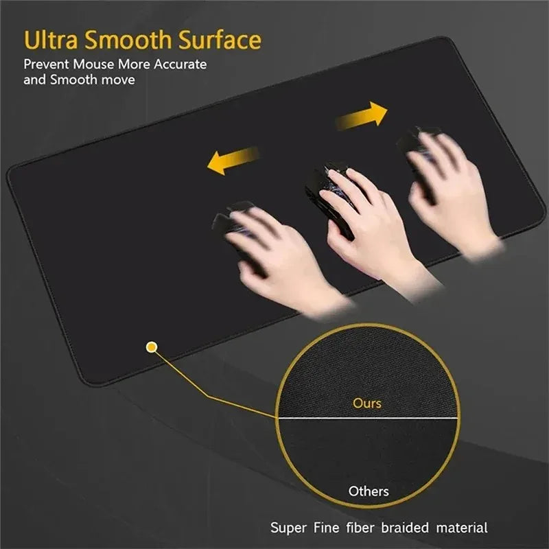 Black mouse pad with hands using a mouse, highlighting its ultra-smooth surface.