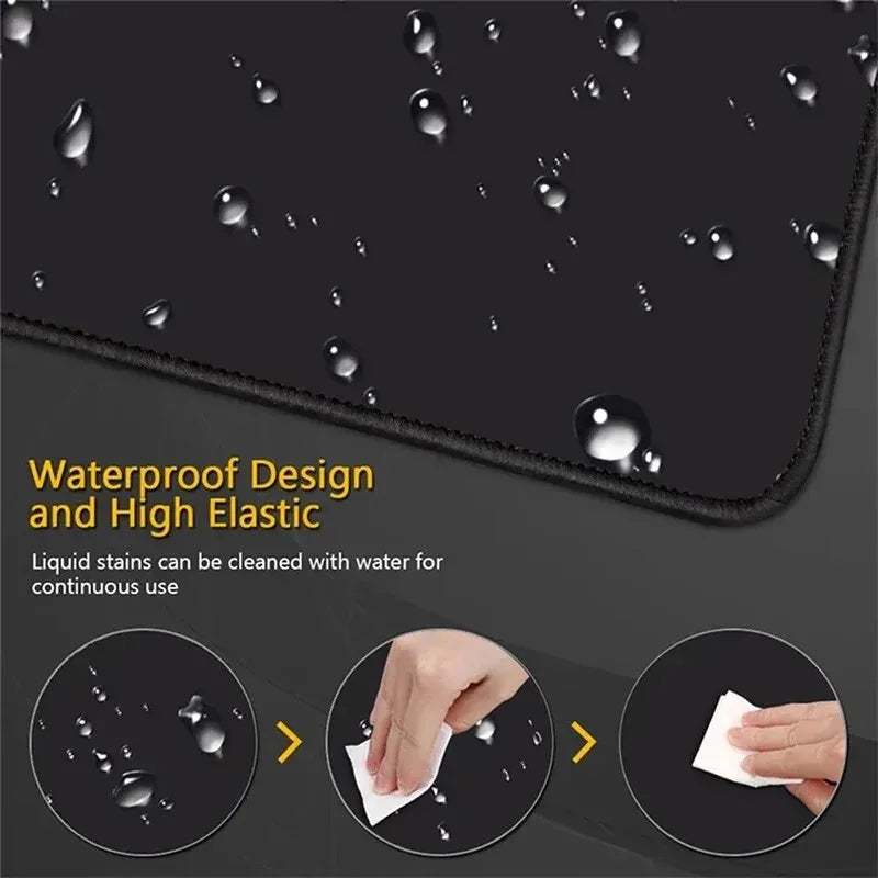 Black surface with water droplets and cleaning process shown, highlighting waterproof design.