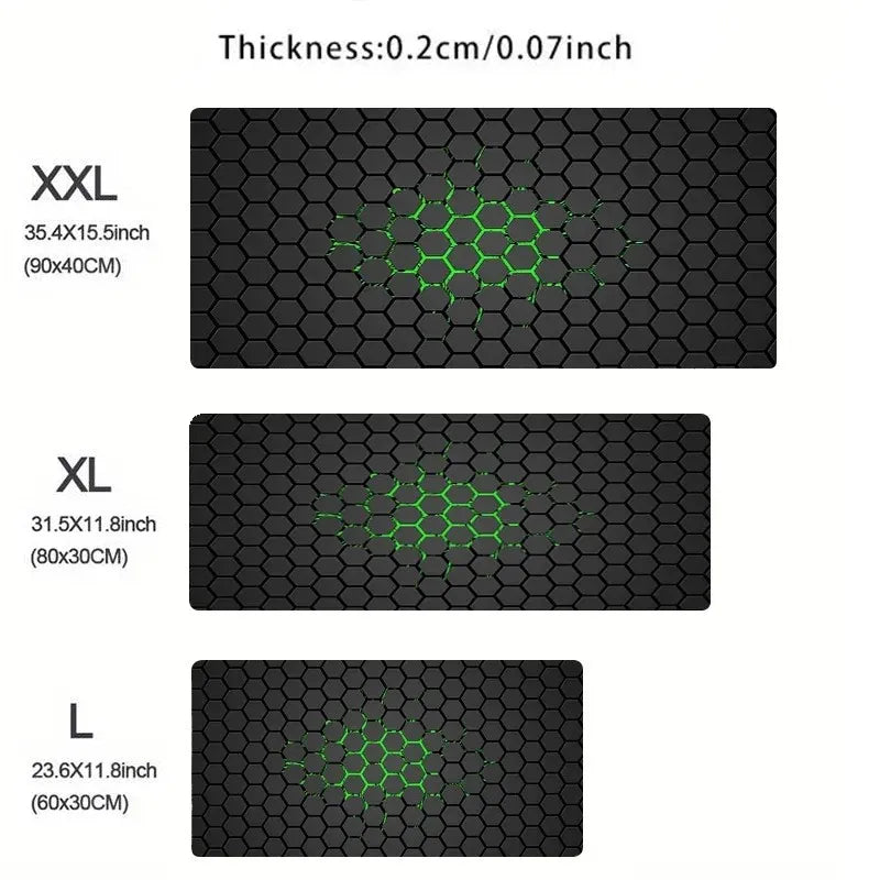 Three sizes of black mats with green hexagonal pattern and measurements on a white background.