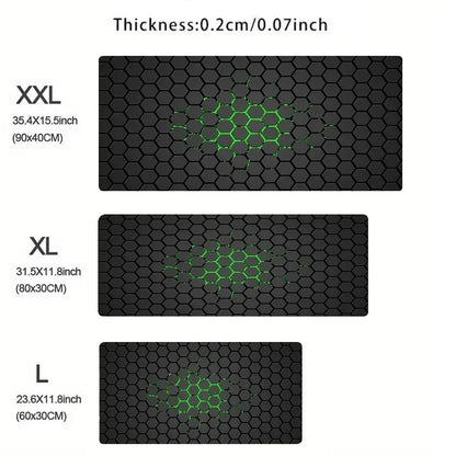 Three sizes of black mats with green hexagonal pattern and measurements on a white background.