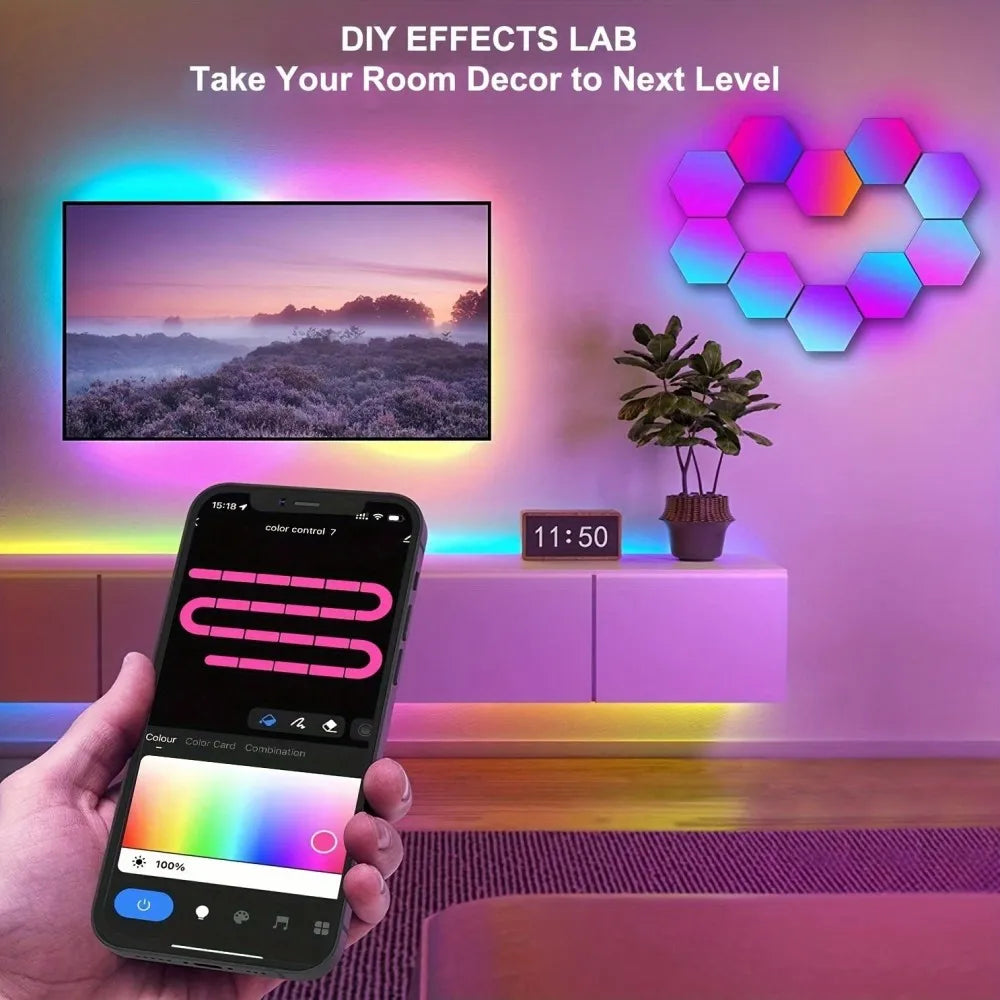 Living room with smart lighting system, smartphone control, and decorative lights.