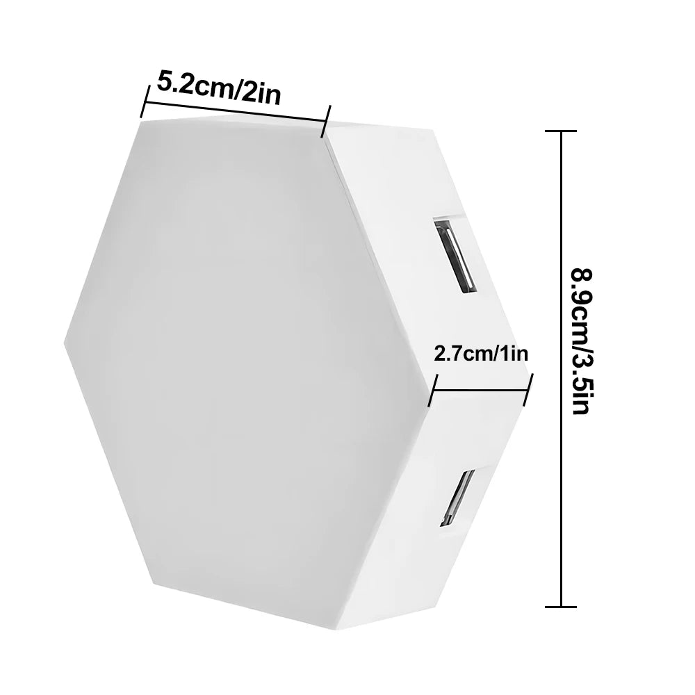 Hexagonal white object with dimensions labeled on a white background