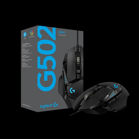 Logitech G502 gaming mouse with packaging on a black background