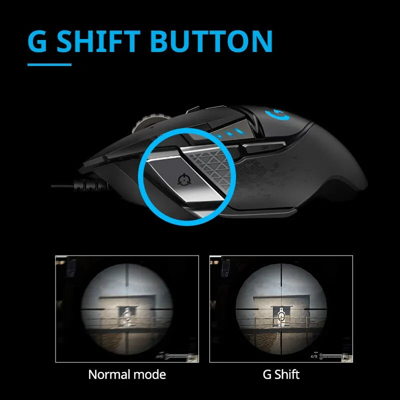 Gaming mouse with G Shift button highlighting feature on a black background